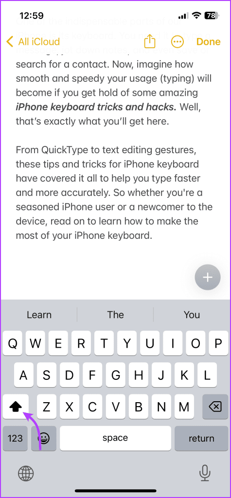 Tap caps lock icon to enter one capital letter 