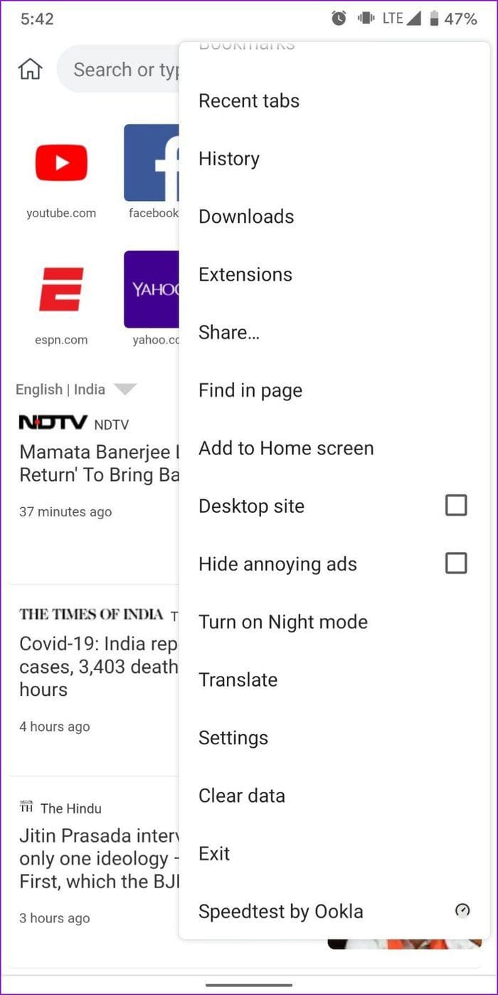 Kiwi Browser Menu