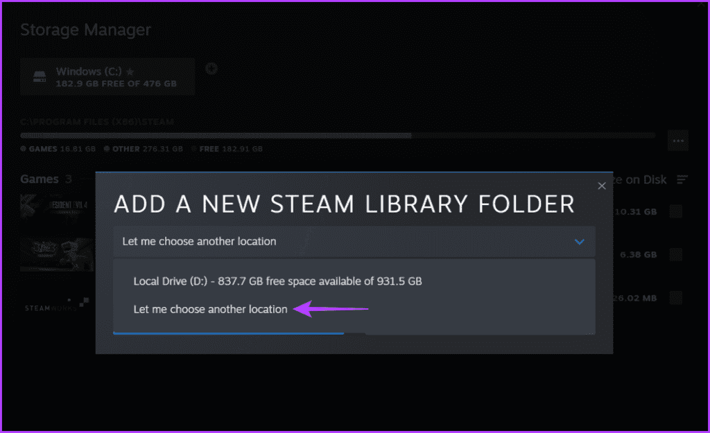 Let me choose another location option in Steam