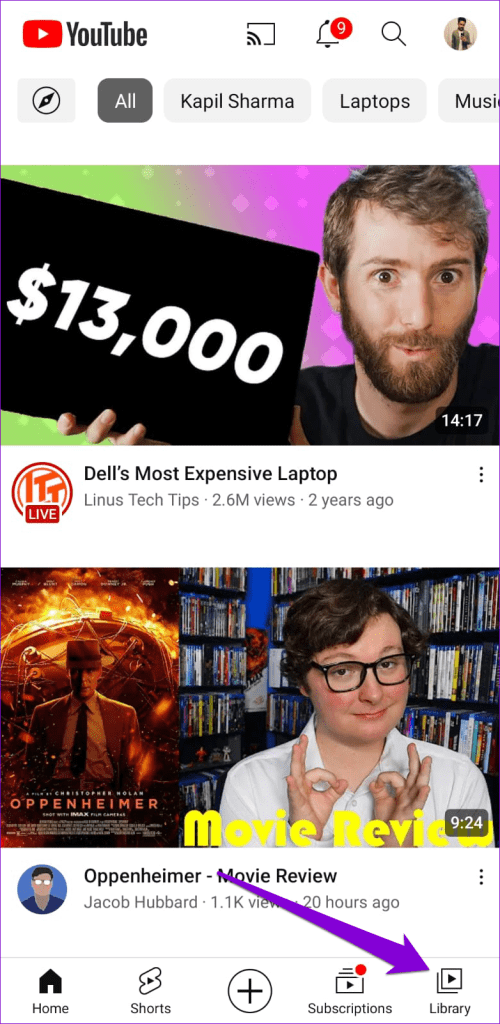 Library Tab in YouTube for Mobile