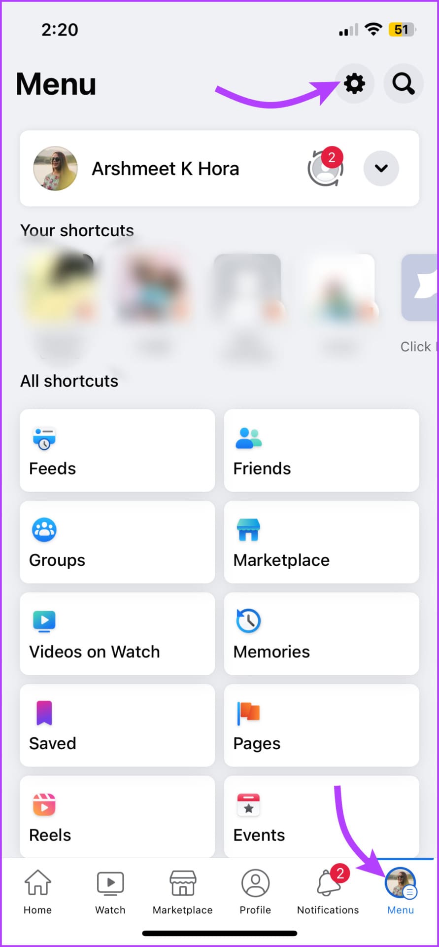 Open profile tab and then select the gear icon