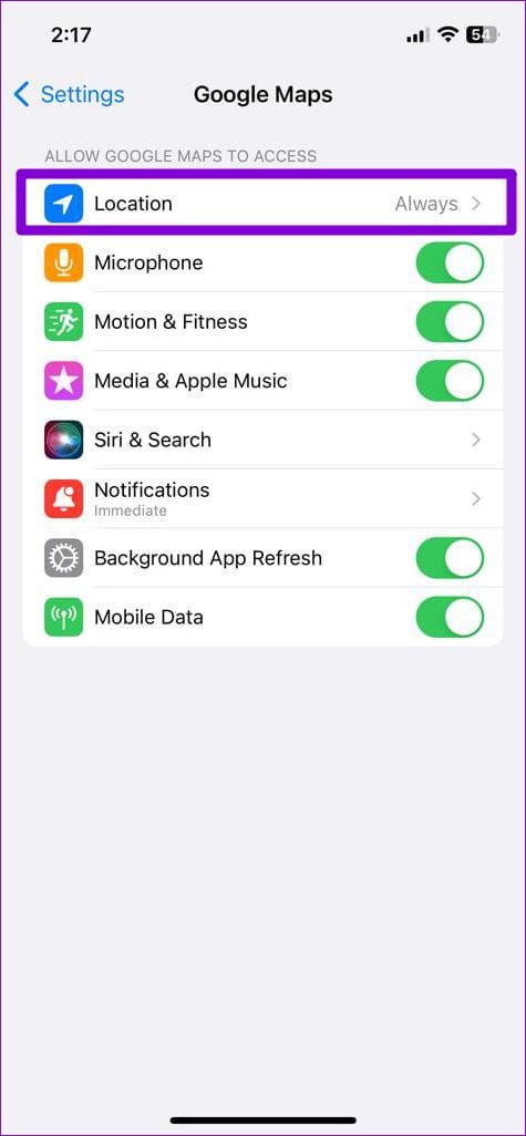 Location Settings for Google Maps on iPhone