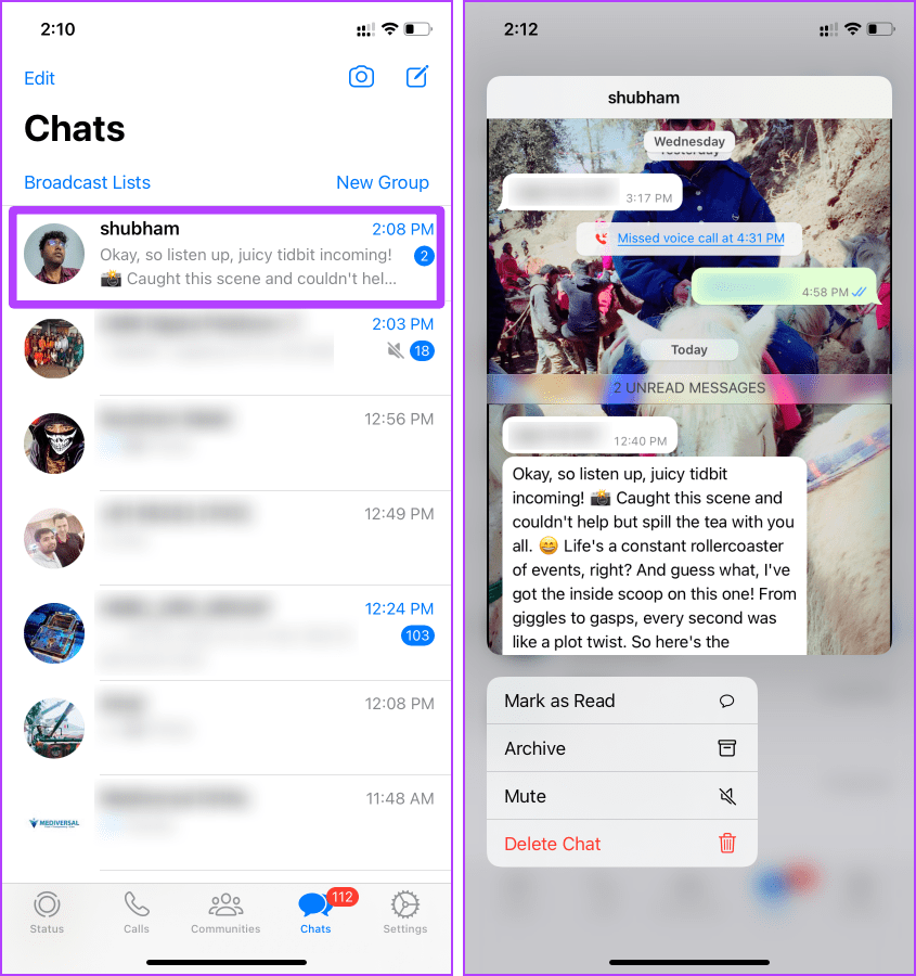 Long Press WhatsApp Chat Preview