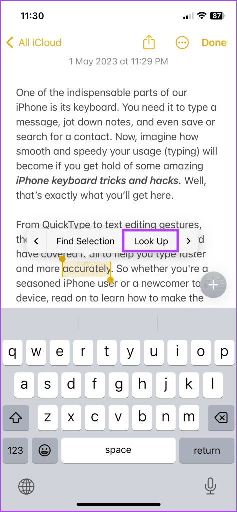 Tap and hold, then select Look Up