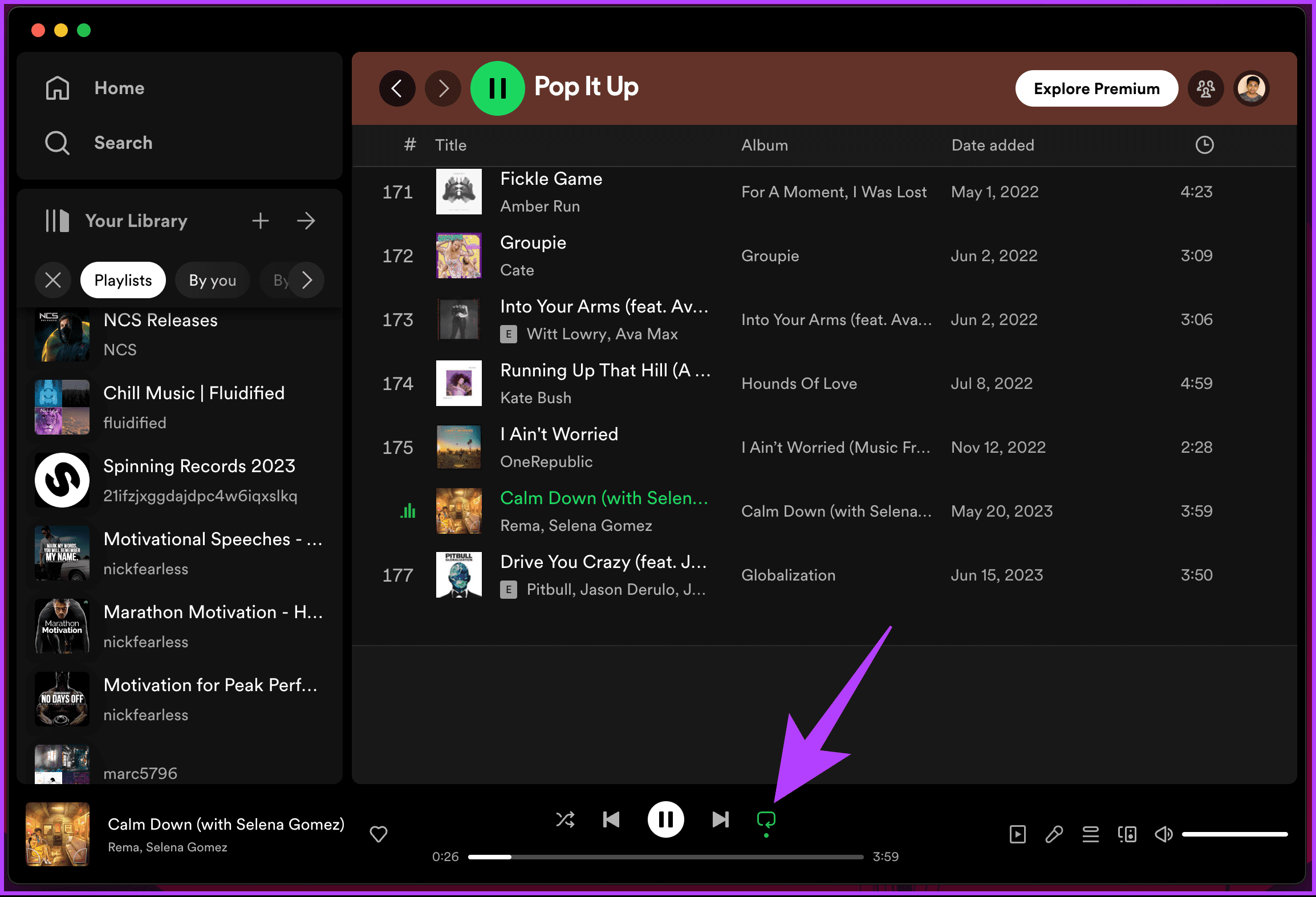 click on the Enable Repeat icon