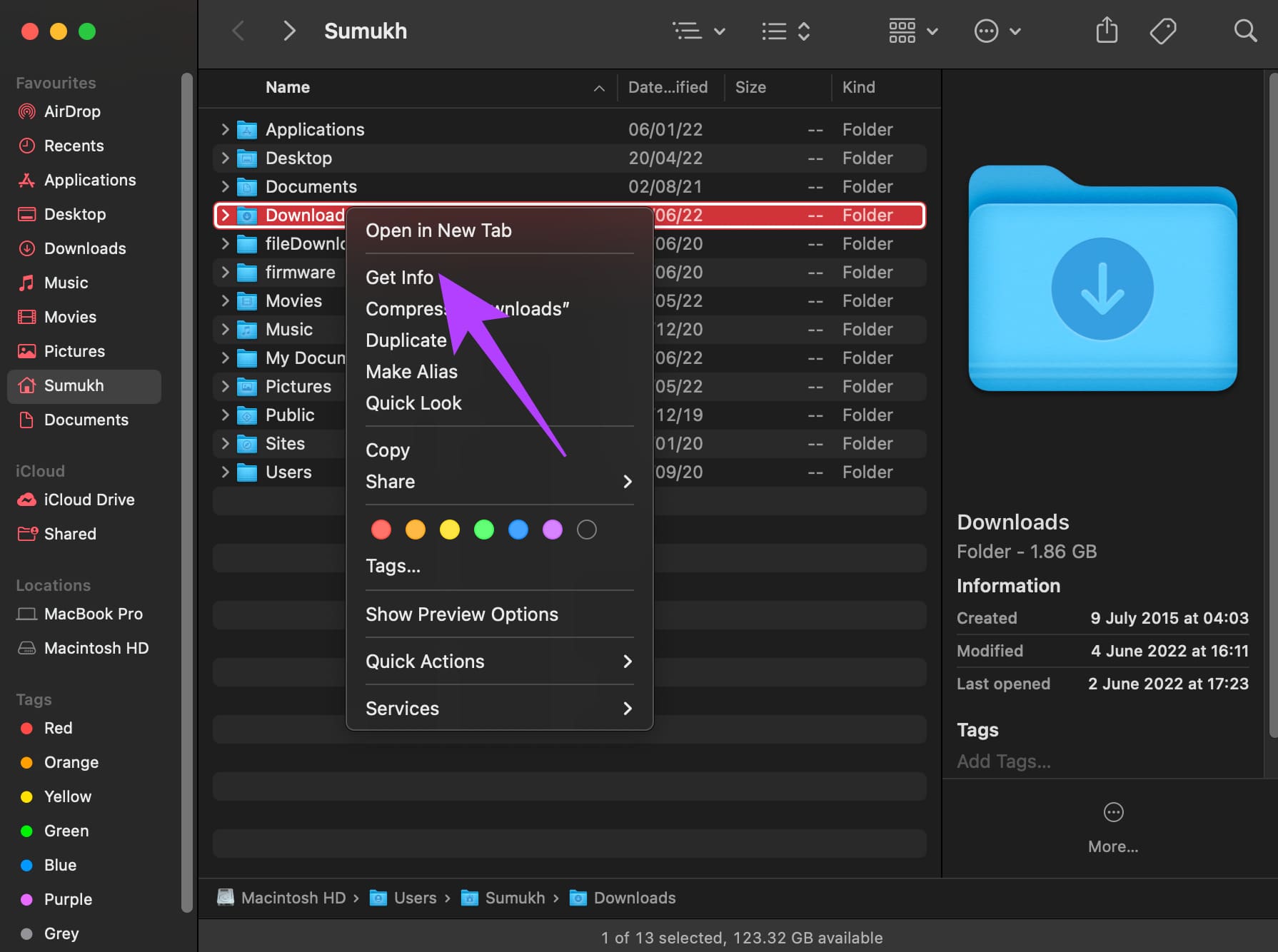 Get info in finder