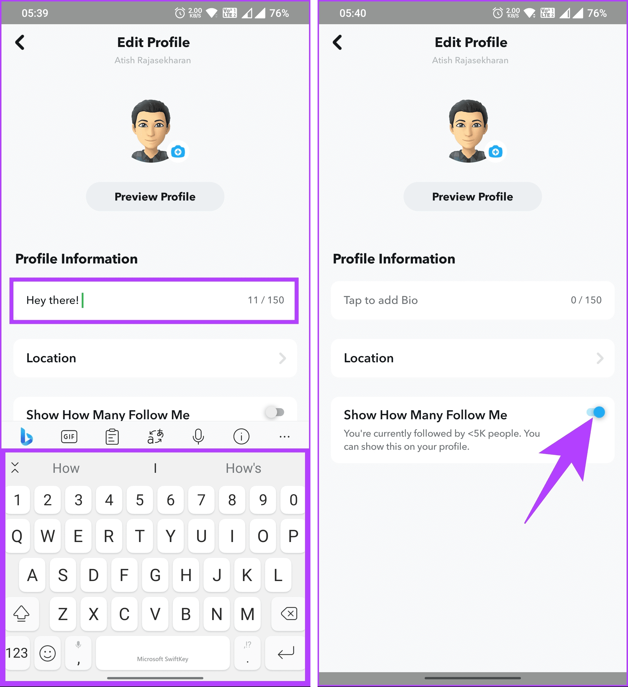 tapping the 'Tap to add Bio' box