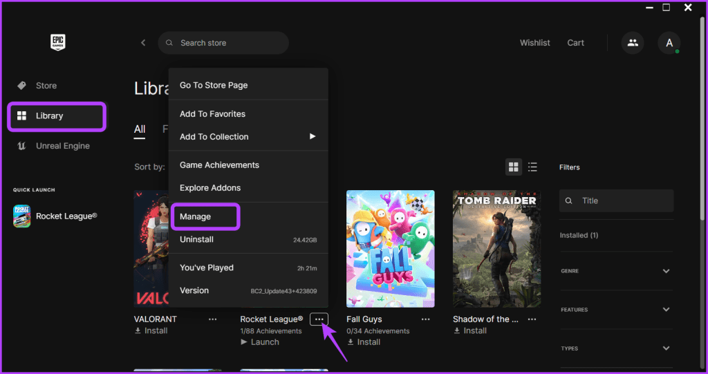 Manage option in Epic Games Launcher