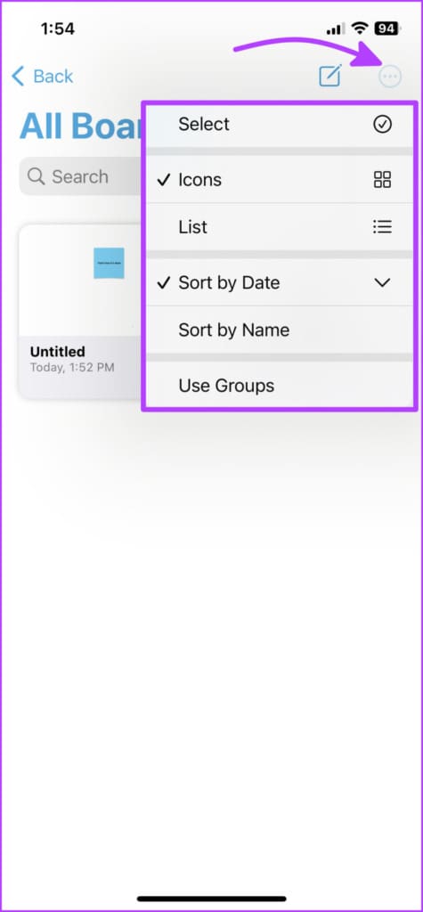Tap three-dot icon to manage Freeform boards