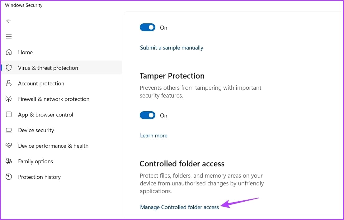 Manage Controlled folder access option in Windows Security