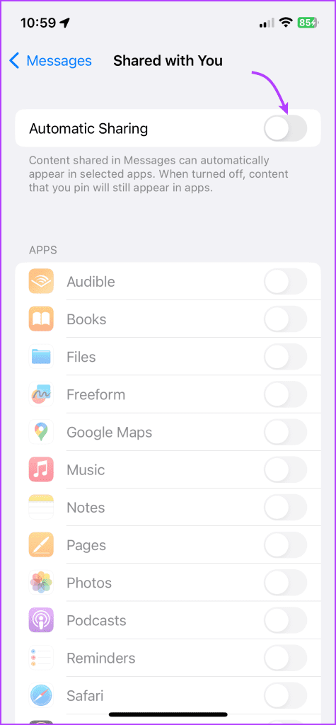 Toggle off Automatic Sharing