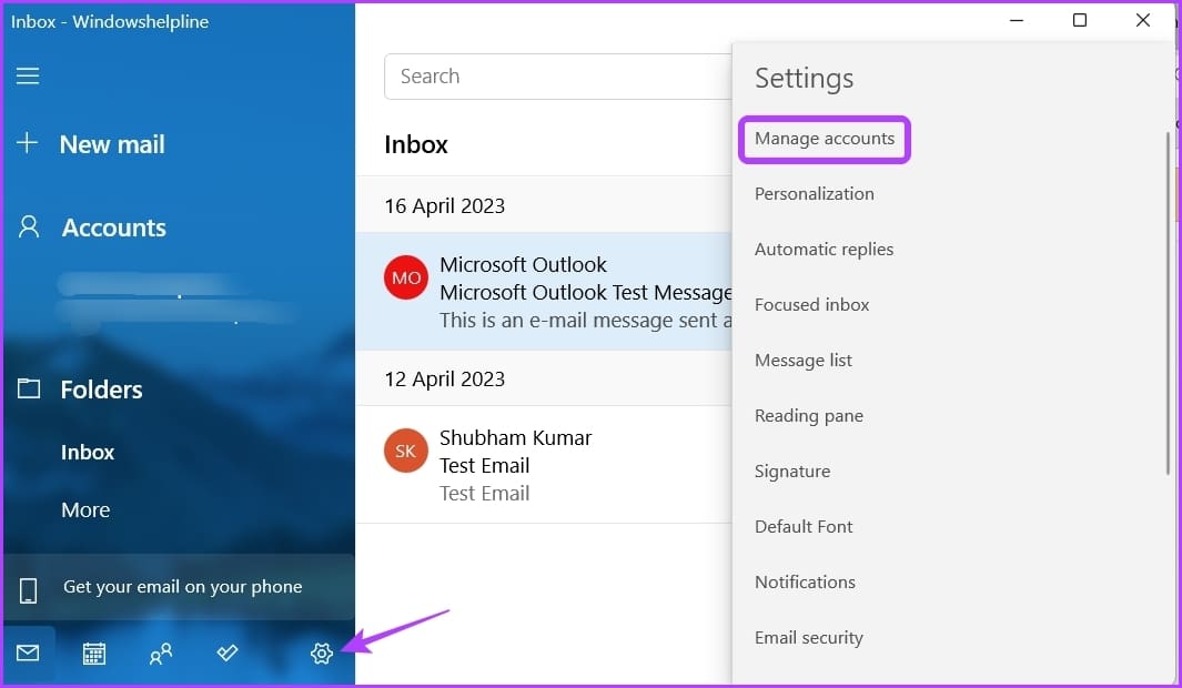 Manage accounts option in the Mail app