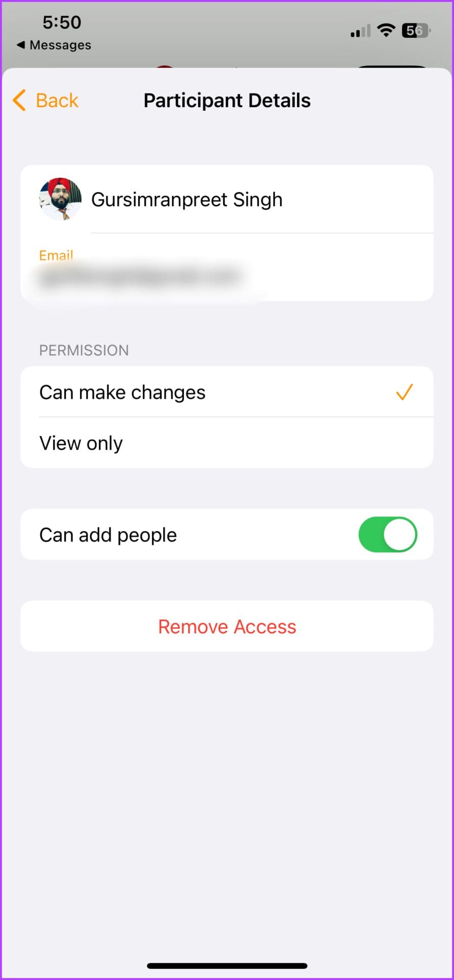 Select the desired permission for individual collaborator