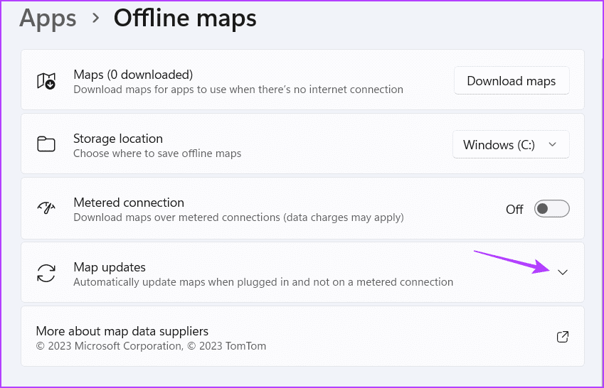Map updates drop-down icon in Settings