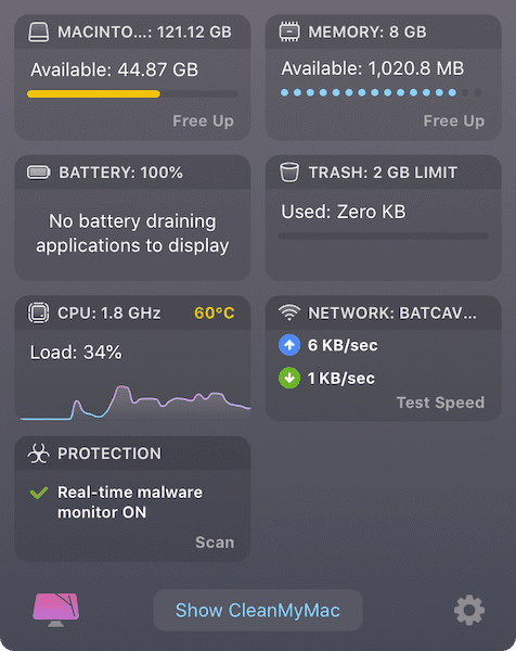 Menu Bar View of Clean My Mac X