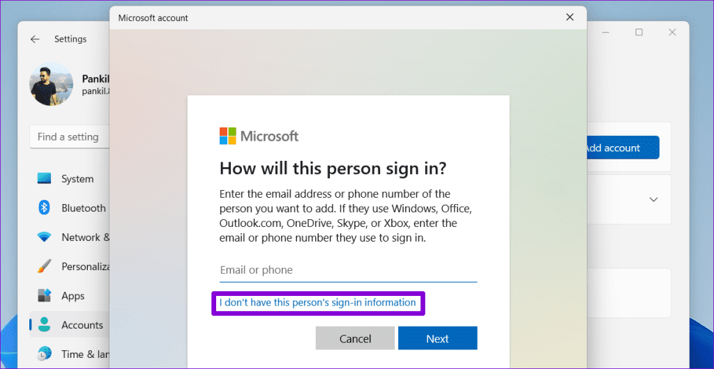 Microsoft Account Window