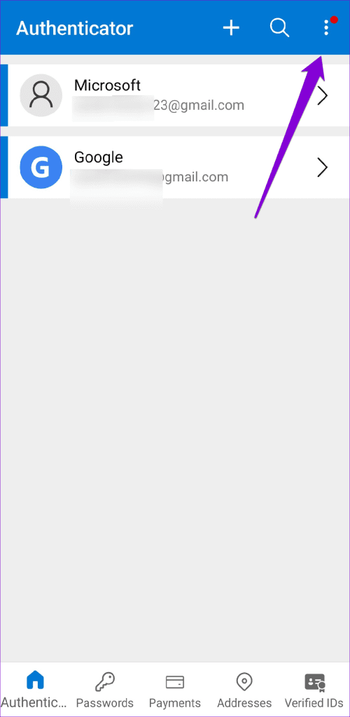 Microsoft Authenticator App Menu