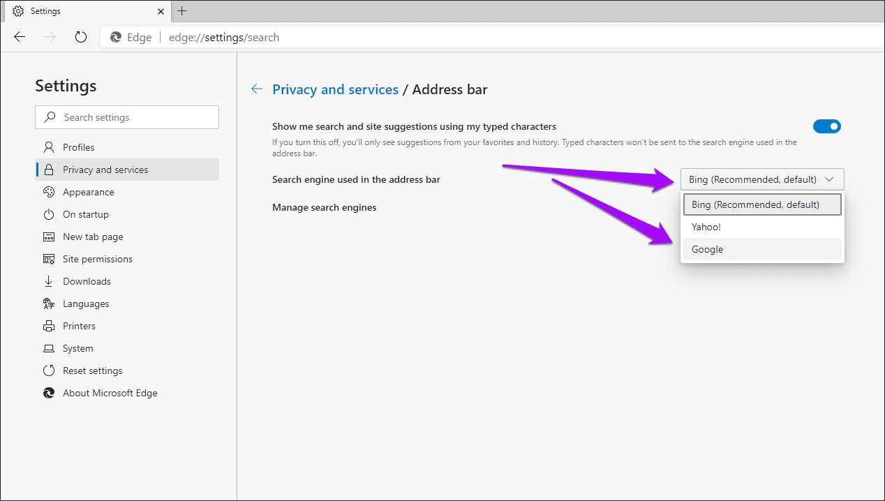 Microsoft Edge Chromium Change Search Engine 4