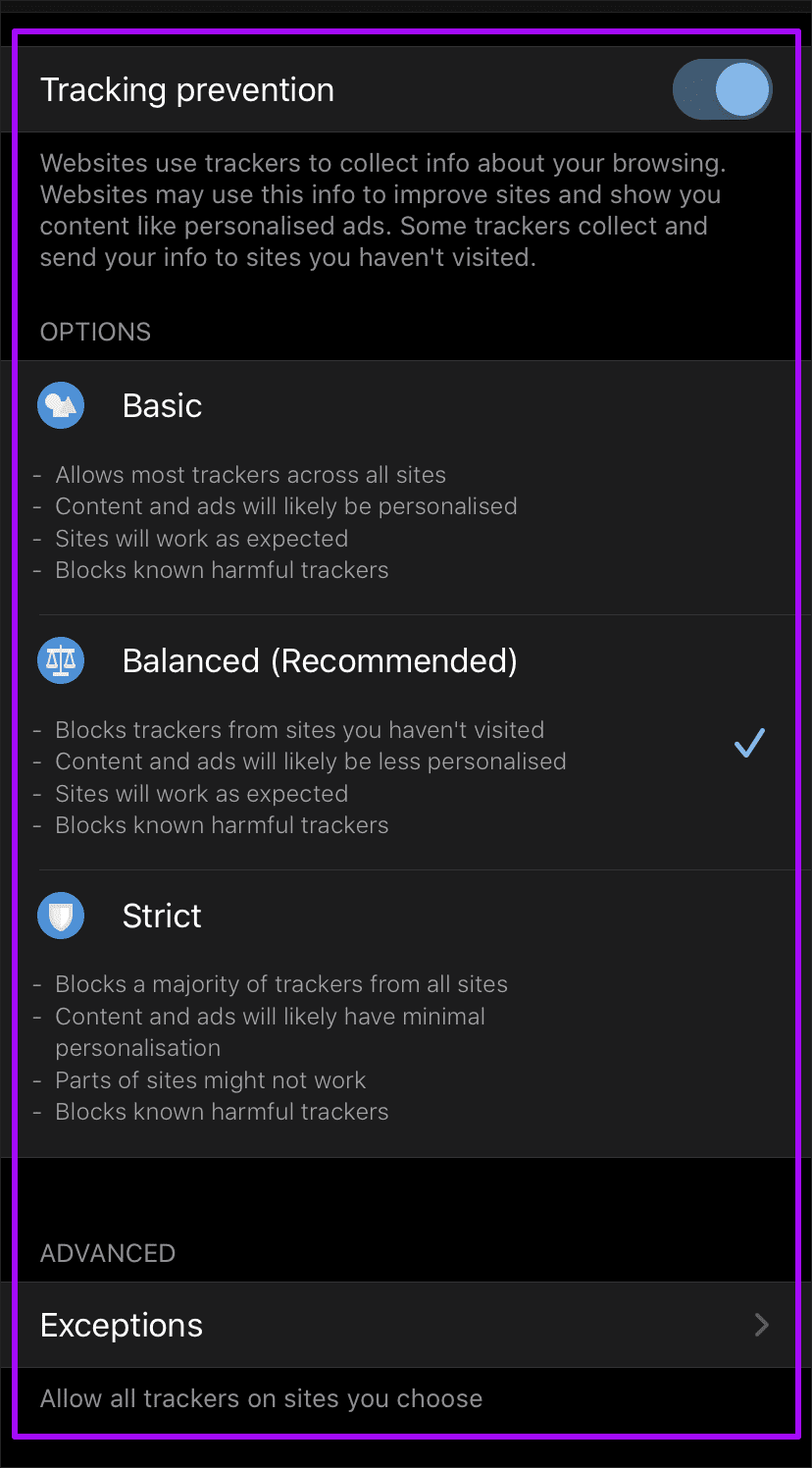 Microsoft Edge Chromium Tracking Prevention 9