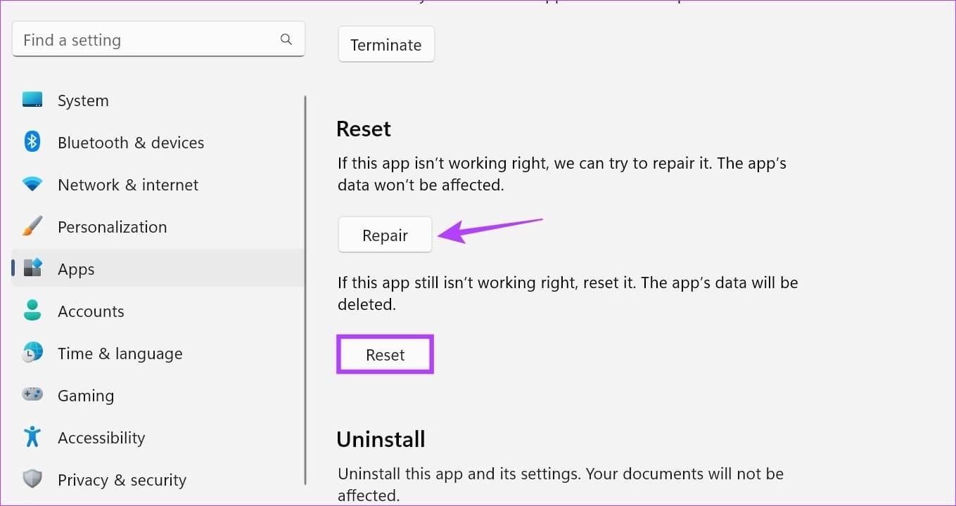 Click on Repair or Reset