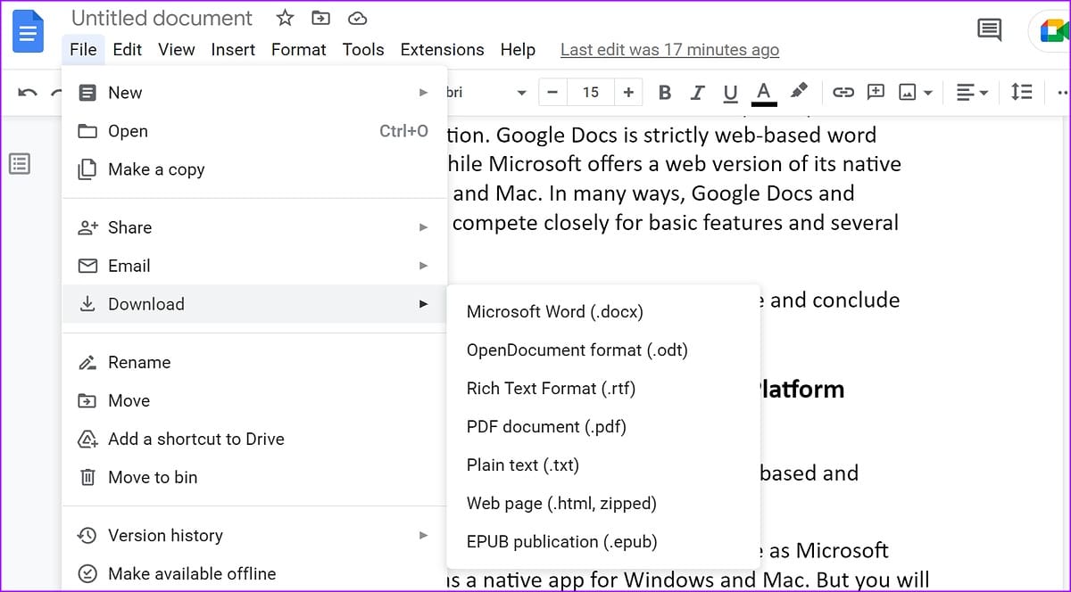 Google Docs export options