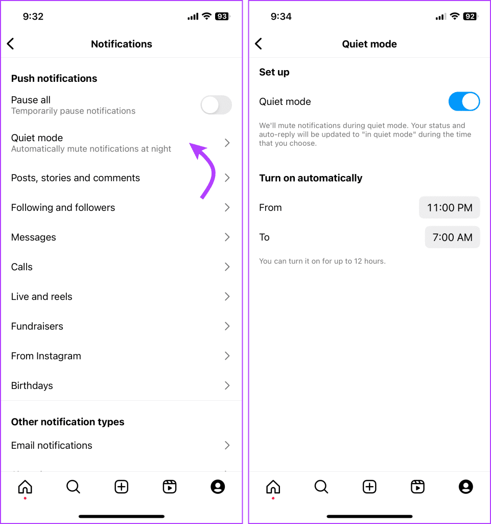Toggle on Quite mode and select timing