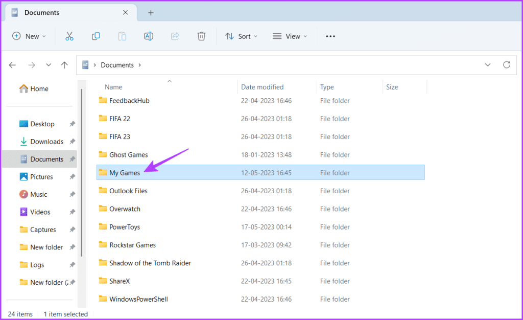 My Games folder in File Explorer
