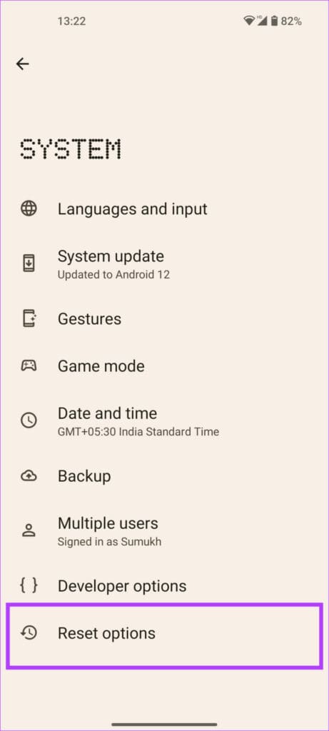 reset options