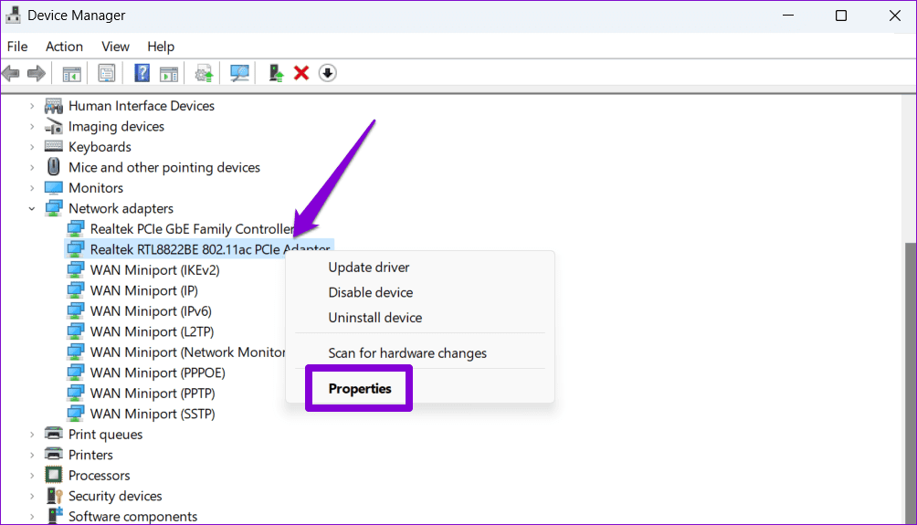 Network Adapters Properties on Windows