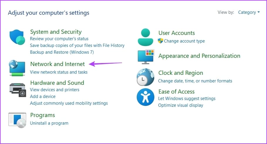 _Network and Internet option in Control Panel