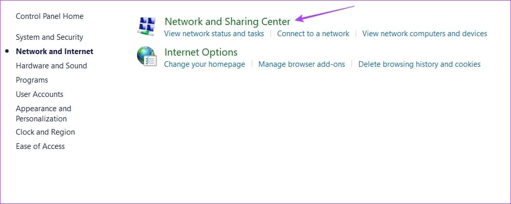 _Network and Sharing Center option in the Control Panel