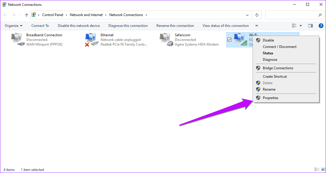 Network connections properties