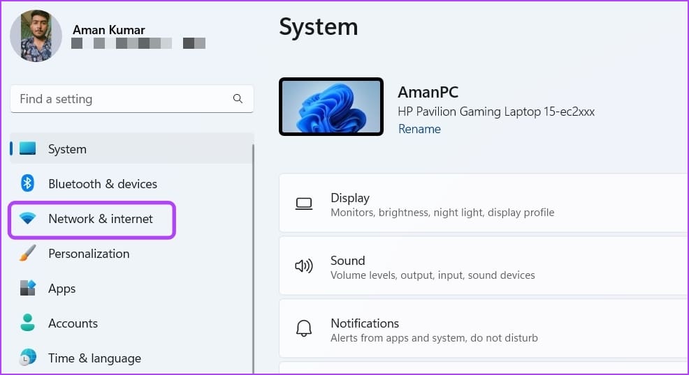 Network & internet option in Settings