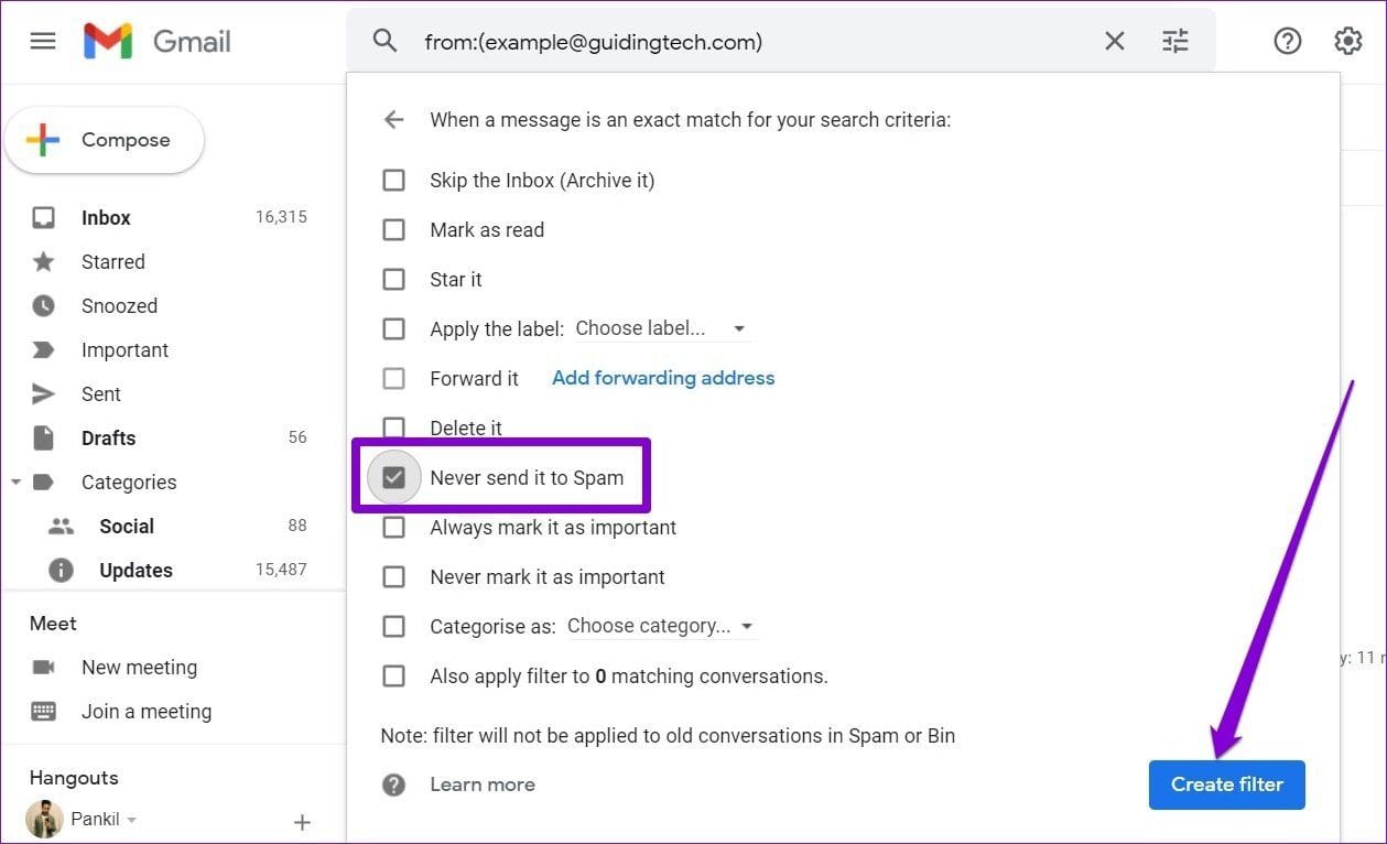 Never Send it to Spam Filter in Gmail