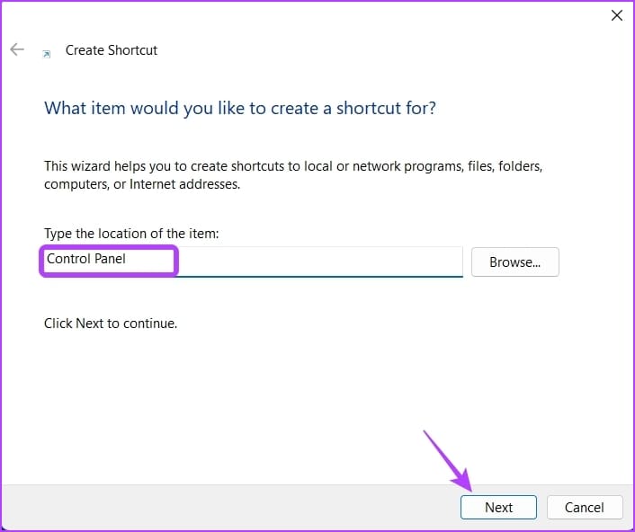 Next option for Creating shortcut