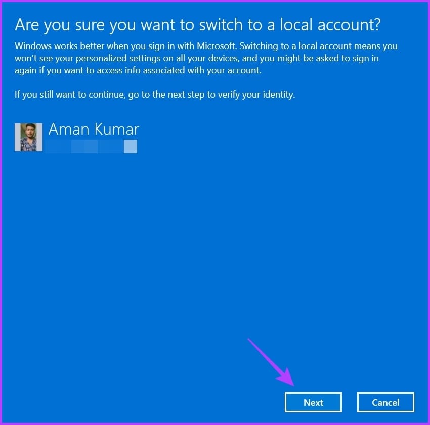 Next button in Microsoft prompt 