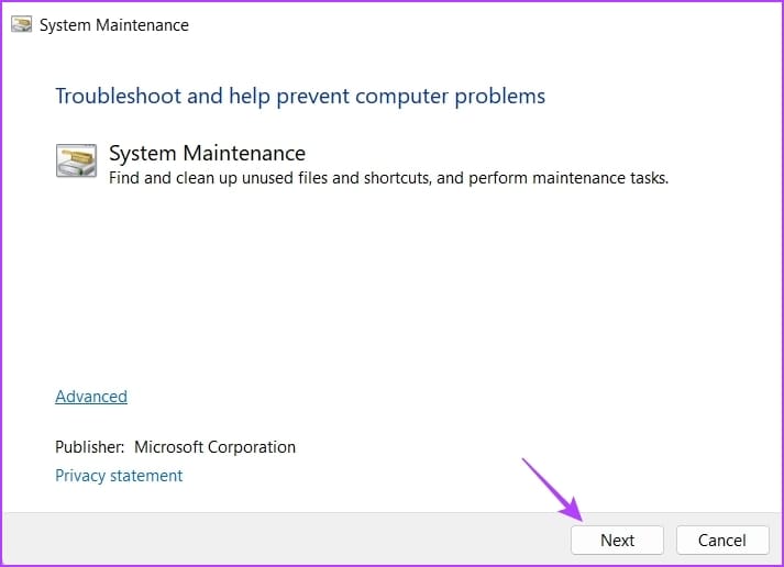Next option of troubleshooter