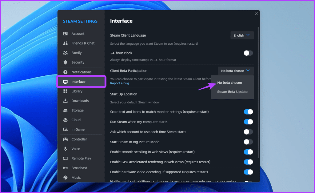 No beta chosen option in Steam client