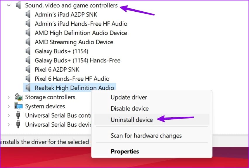 uninstall sound drivers on windows