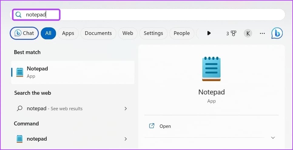 Notepad option in Start Menu