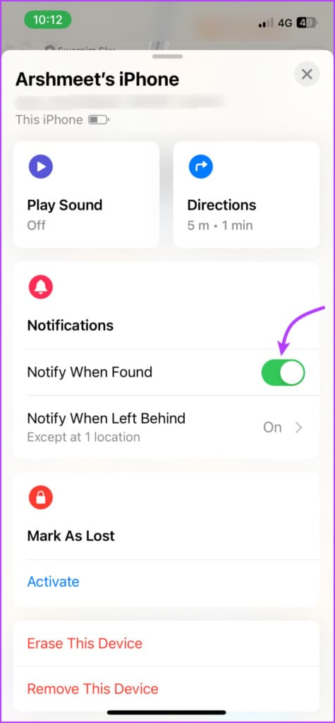 Turn on Notify When Found in Find My