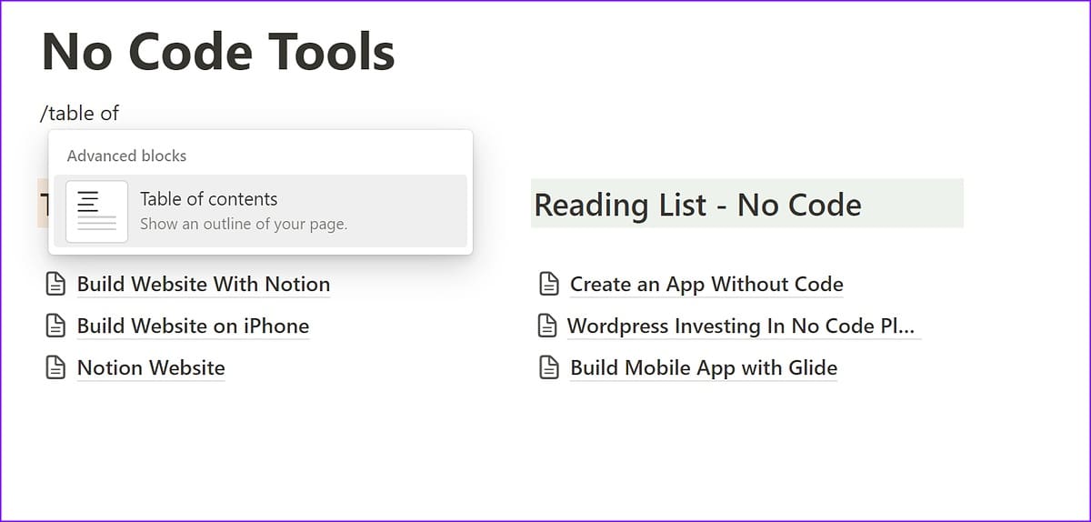 table of content in Notion