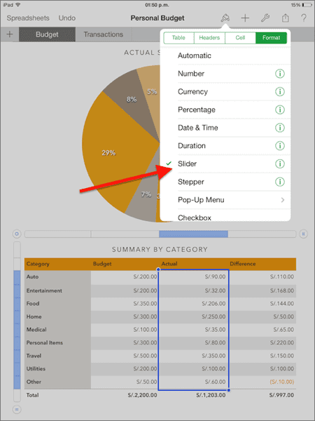 Numbers I Pad Sliders Formatting Button