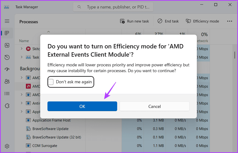 OK option in Task Manager