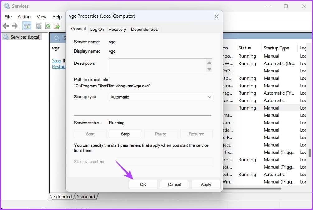 Okay option in the Services window