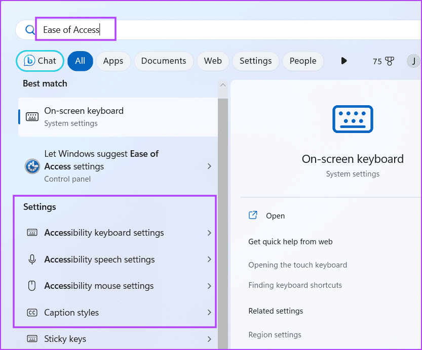 Accessibility options in the start menu