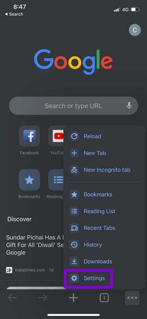 Open Google Chrome Settings i Phone