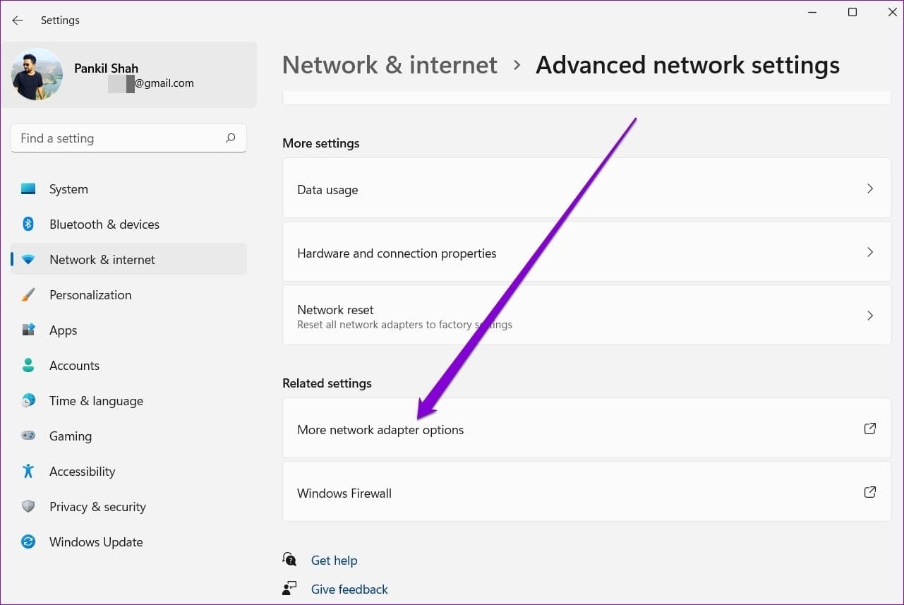 Open Network Adapter Options