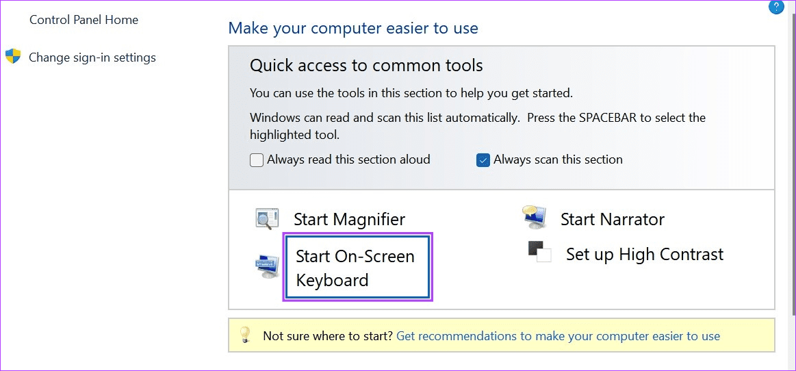 Click on Start On-Screen Keyboard