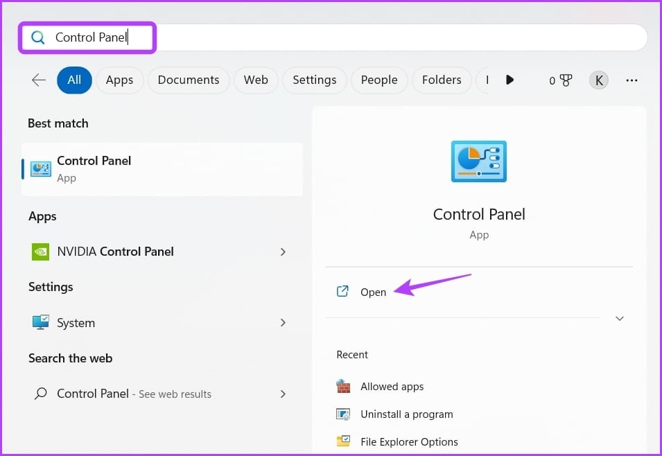 Open Option in Start menu